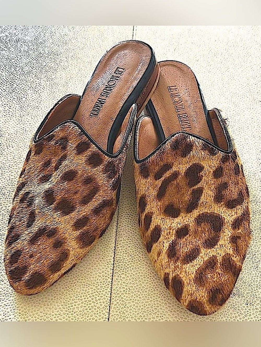Le Monde Beryl Venetian Leopard Mule 37/US 6.5 Italy Calf Hair Luxury Old Money